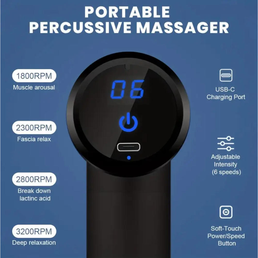 Акумуляторний перкусійний масажер Massage Gun 720 з сенсорним дисплеєм, 6 режимами та 4 насадками Type-C