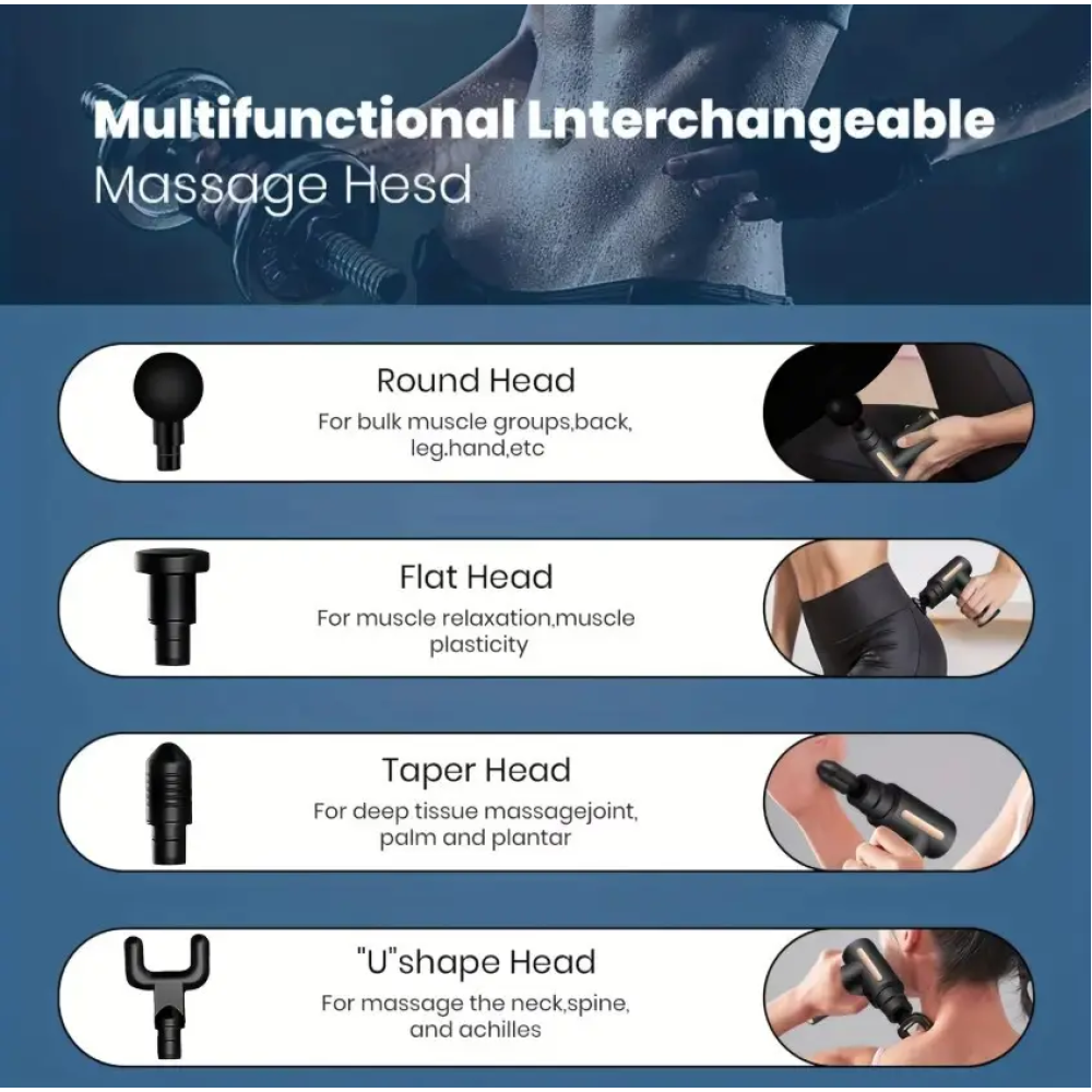 Акумуляторний перкусійний масажер Massage Gun 720 з сенсорним дисплеєм, 6 режимами та 4 насадками Type-C