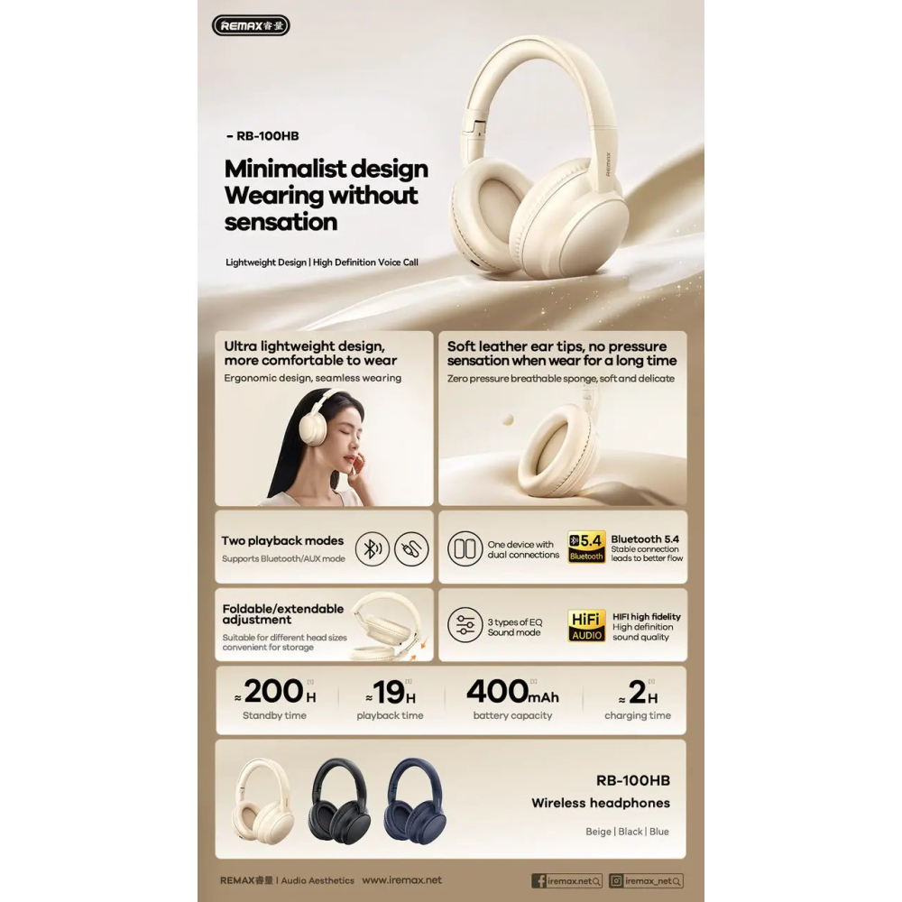 Bluetooth навушники Remax RB-100HB BT5.4 з мікрофоном Бежеві