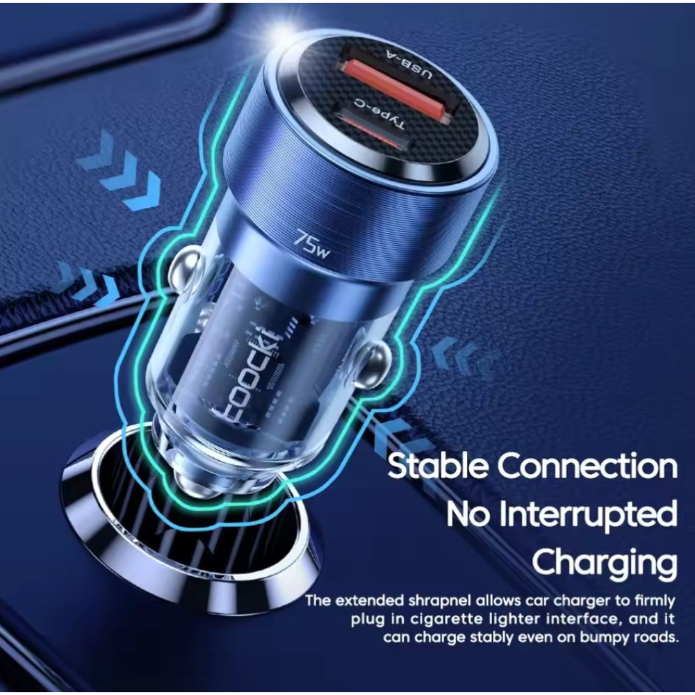 Автомобильное зарядное устройство 75W Toocki PD+QC 1C+1A Fast Car Charger