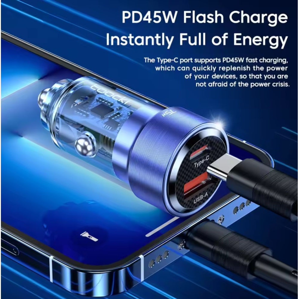 Автомобильное зарядное устройство 75W Toocki PD+QC 1C+1A Fast Car Charger
