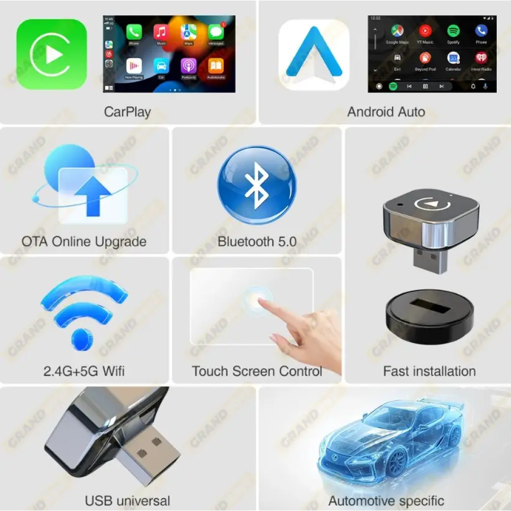 Адаптер бездротовий для Apple CarPlay та Android Auto 2in1 USB WIFI5 Bluetooth 5.0 З перехідниками