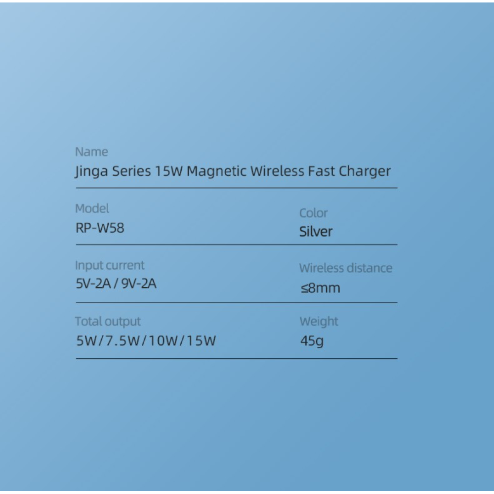 Бездротовий зарядний пристрій 15W REMAX Jinga Series 15W Magnetic Wireless Fast Charger  RP-W58