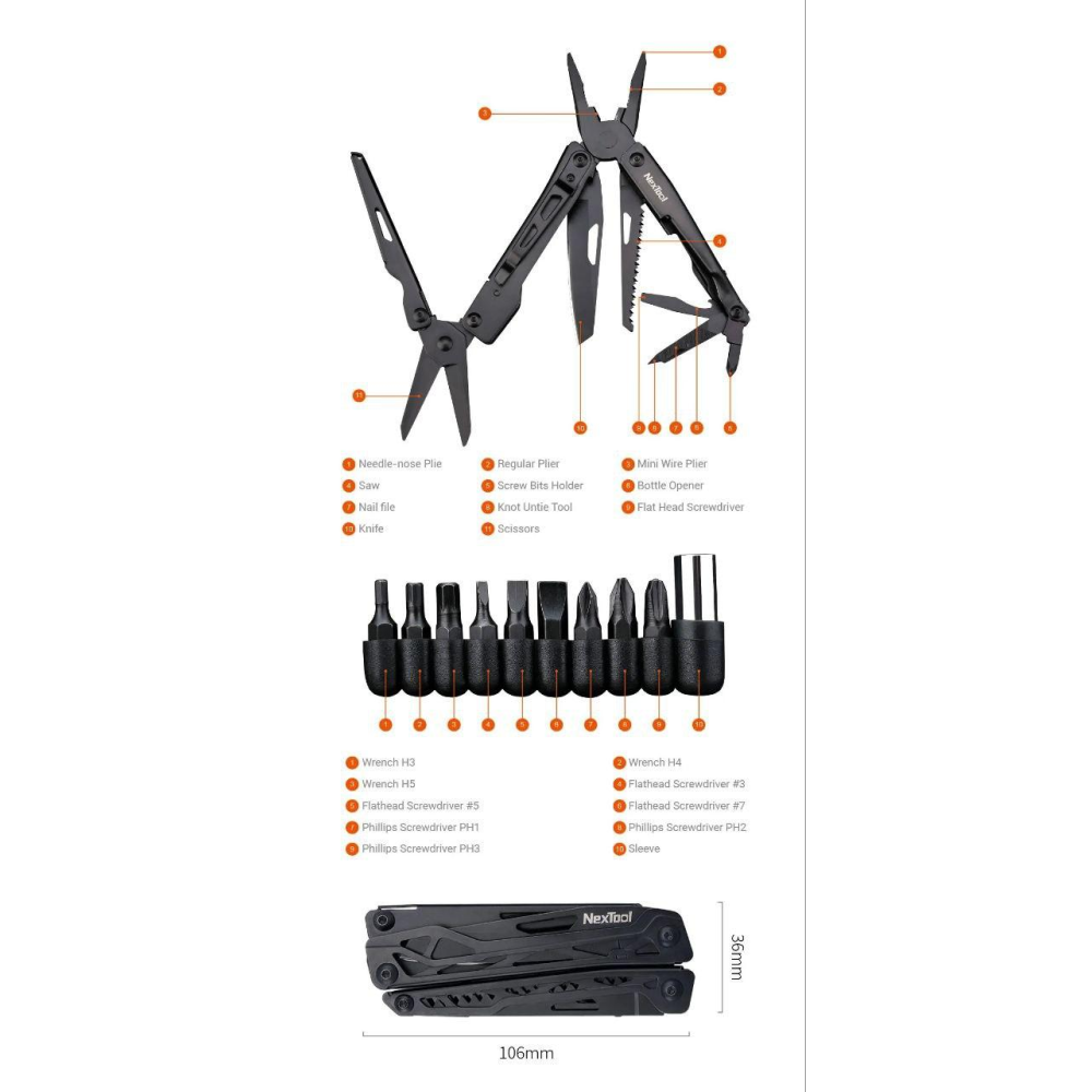 Мультитул   Xiaomi Nextool Black Knight NE20245 11in1 набір біт, чохол та кліпса
