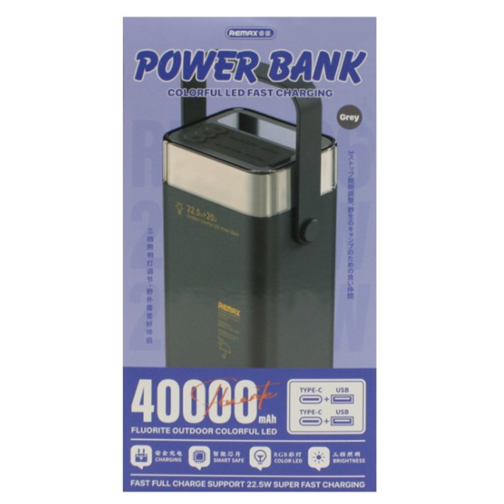 Powerbank 40000mAh 22.5W  Remax RPP-596   QC3.0 PD Швидка зарядка. RGB Ліхтар