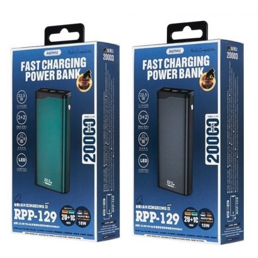 Powerbank 20000mAh 22.5W  Remax RPP-129  QC3.0 PD Швидка зарядка. Металевий корпус