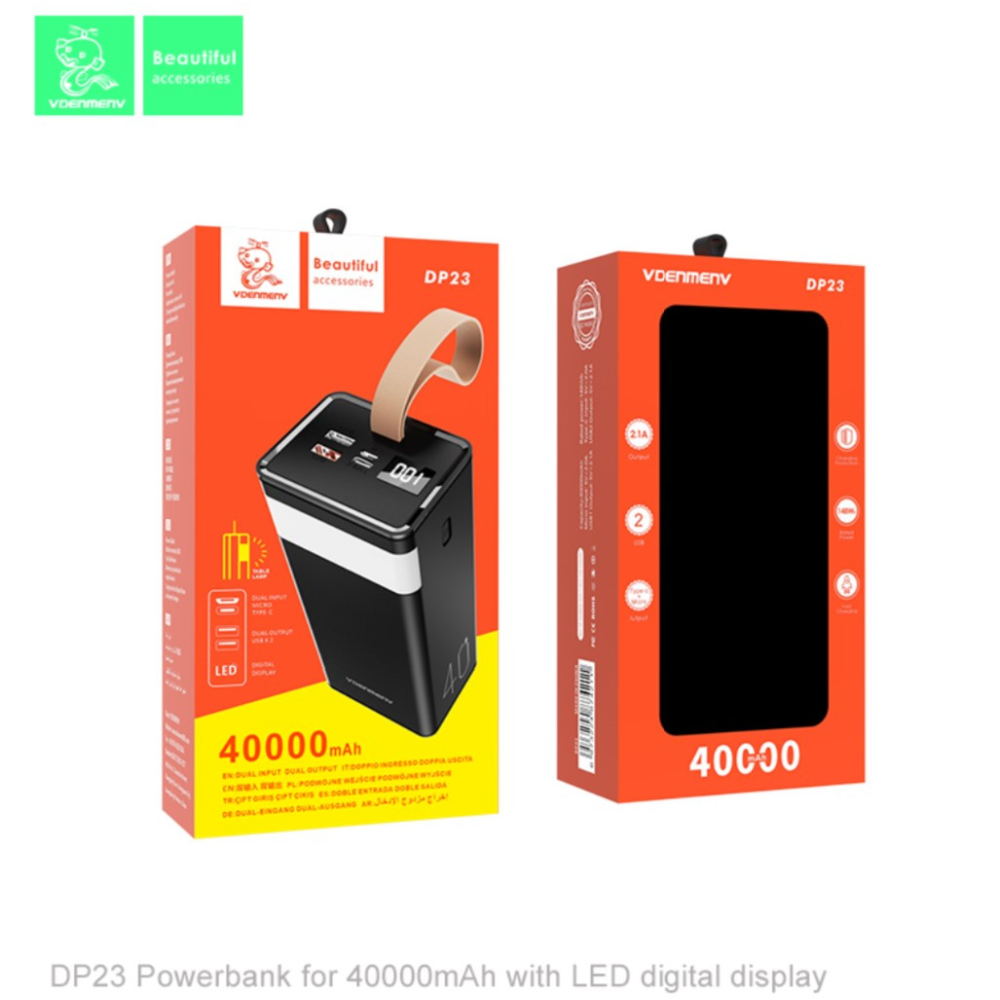 Powerbank 40000 mAh Denmen DP23  (DC5V/2.1A)  li-polymer + ліхтар. Чорний