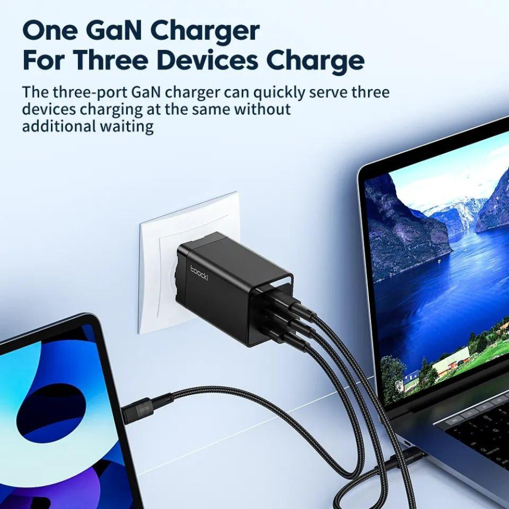 Мережевий зарядний пристрій Toocki 67W GAN (2xType-C + USB-A)