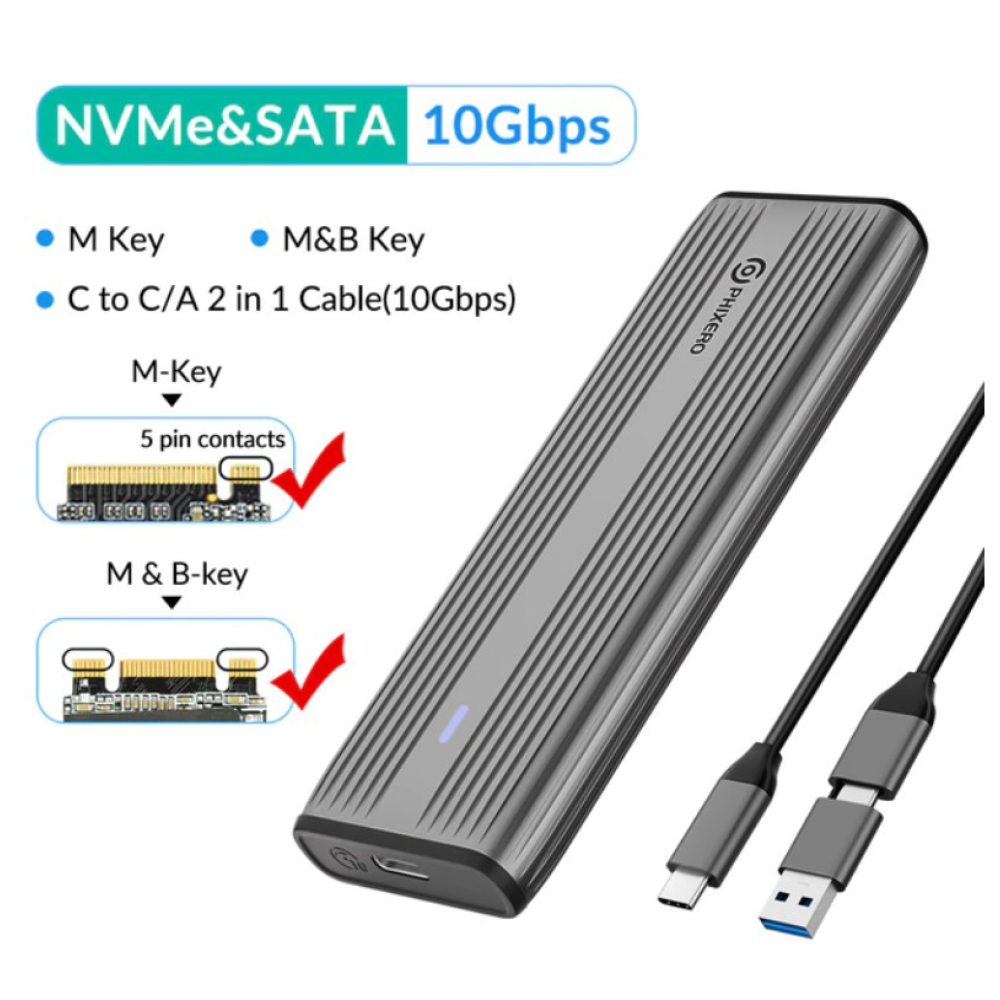 Зовнішня кишеня NVME NGFF m.2 SSD USB 3.0 + Type-C PHIXERO PXPWEM2-G2-GY-BP