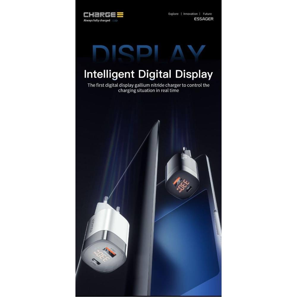 Мережевий зарядний пристрій Essager 33W GAN  Display JT-P18  чорне
