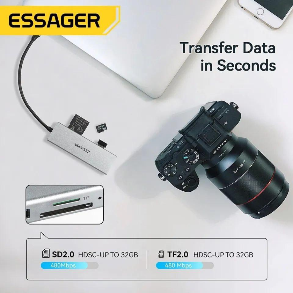 USB 3.0 хаб + кардрідер + конвертер HDMI 4K Essager. Перехідник Type-C - HDMI