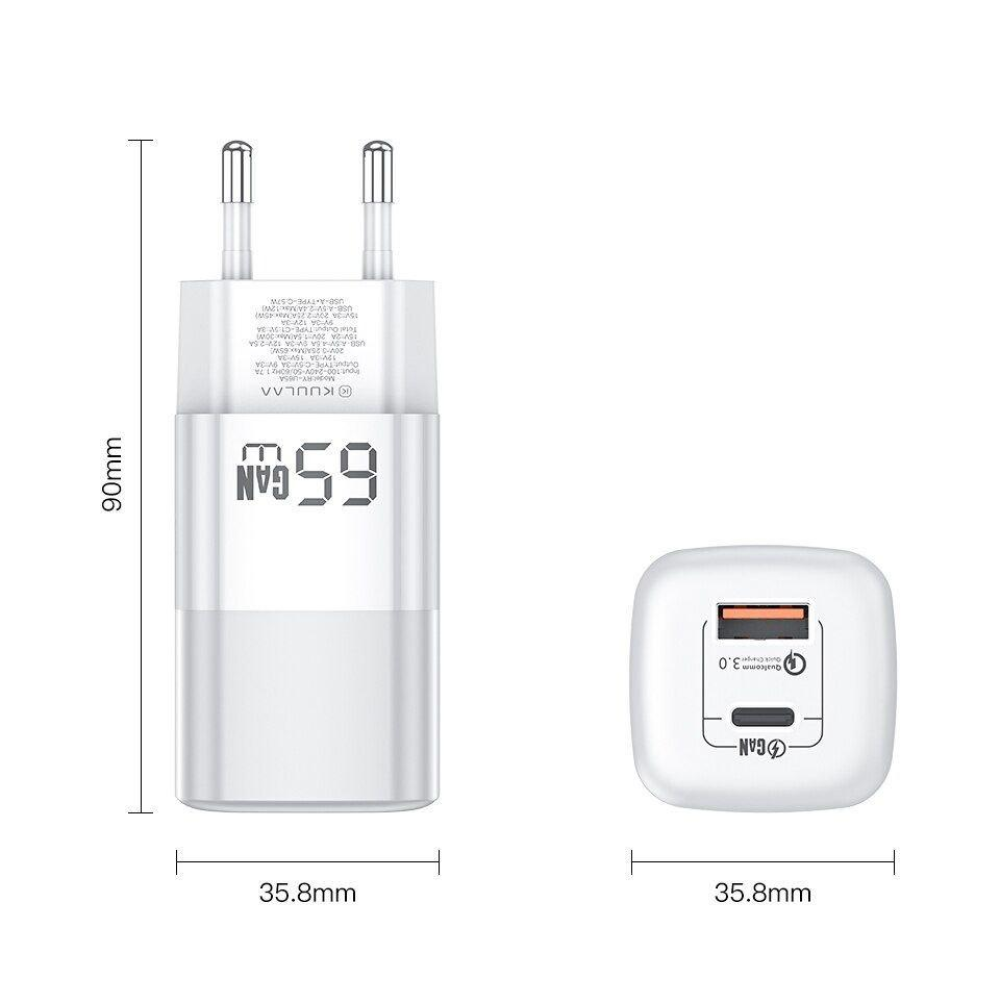 Мережевий зарядний пристрій Kuulaa 65W GAN (Type-C + USB-A)  RY-U65A