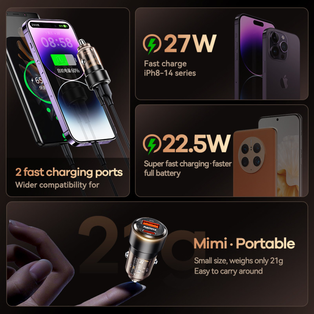 Автомобільний зарядний пристрій 75W REMAX Walking Series PD+QC 1C+1A Fast Car Charger RCC360