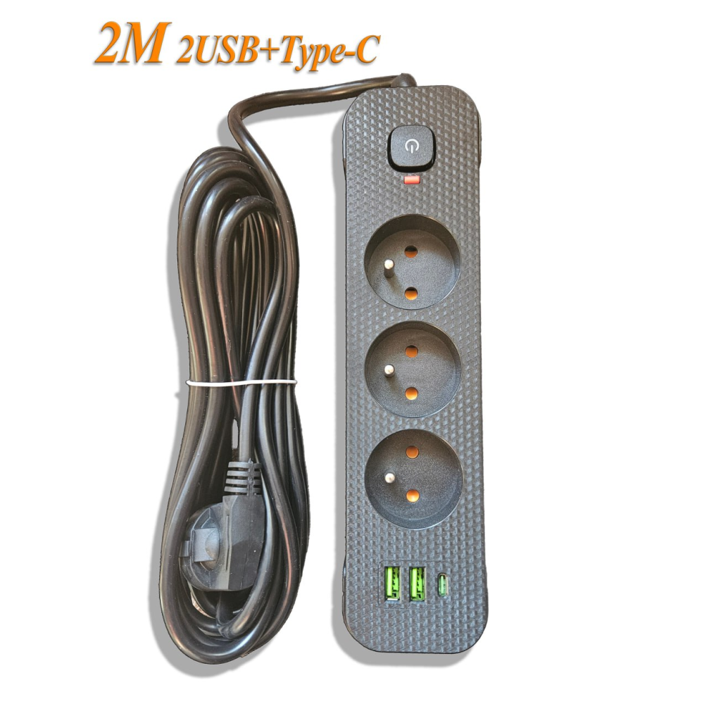 Мережевий фільтр-подовжувач 2м Power Strip 3 розетки 2xUSB-A 1xUSB-C із заземленням