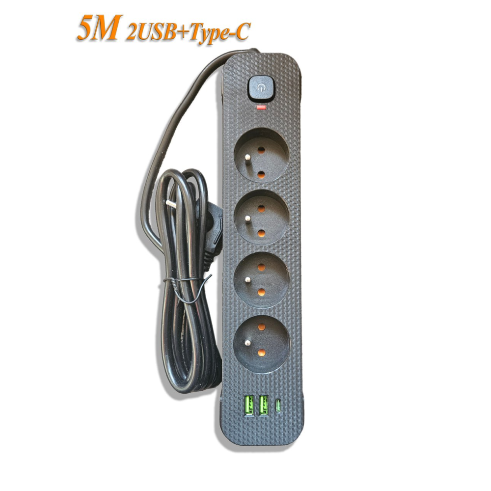 Мережевий фільтр-подовжувач 5м Power Strip 4 розетки 2xUSB-A 1xUSB-C із заземленням